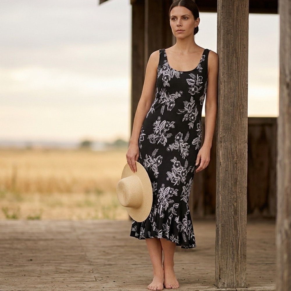 Silk Slip Dress Womens 10 Black White Floral Flare Bottom Mermaid Midi